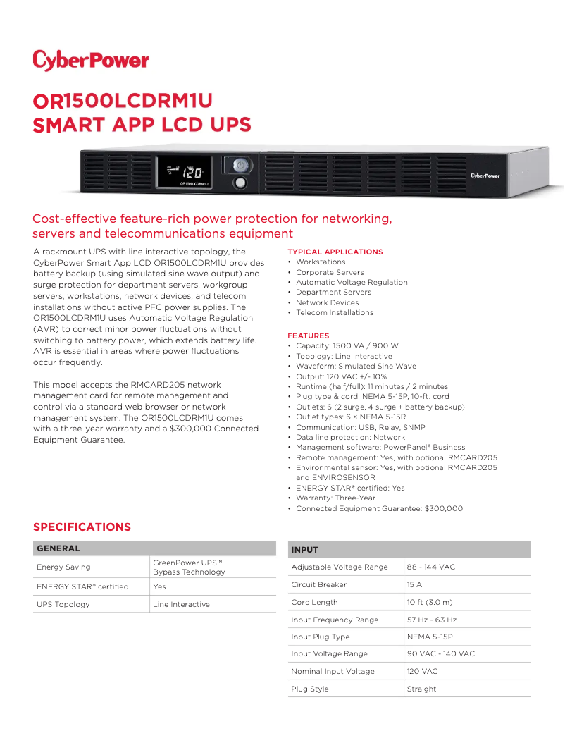 Page n°1 - Fiche technique CyberPower OR1500LCDRM1U
