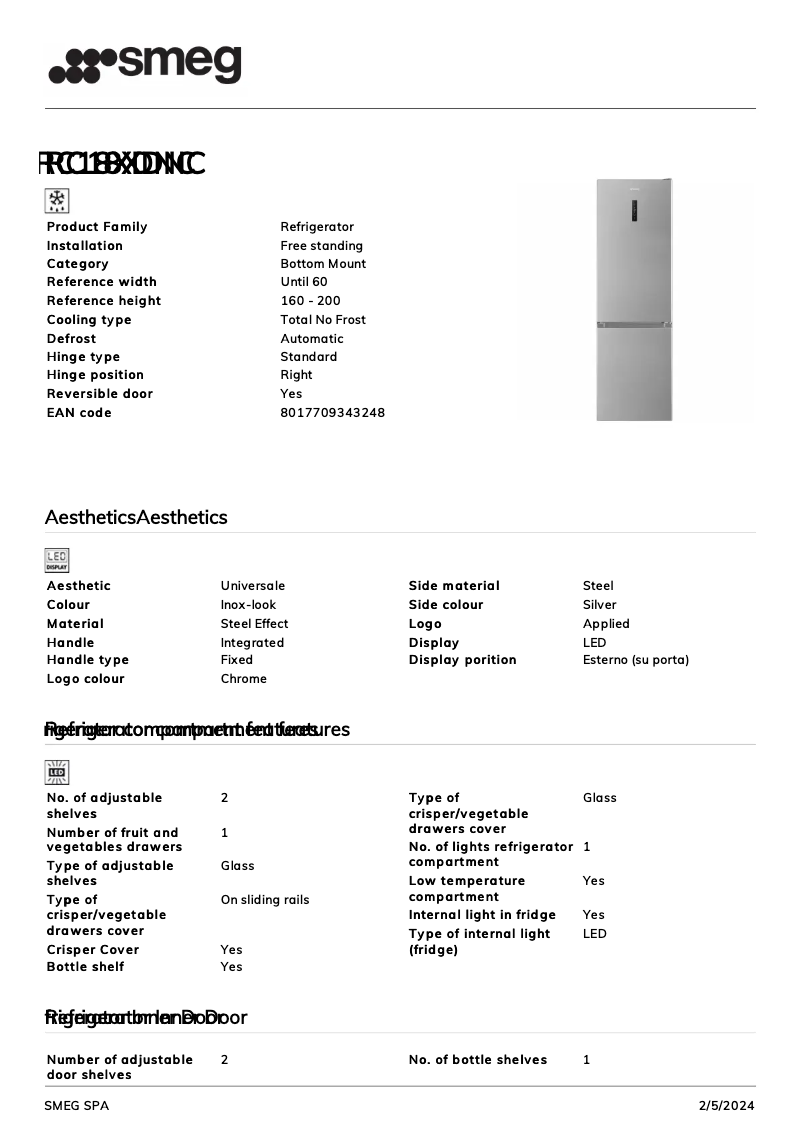 Page 1 de la notice Fiche technique Smeg RC18XDNC