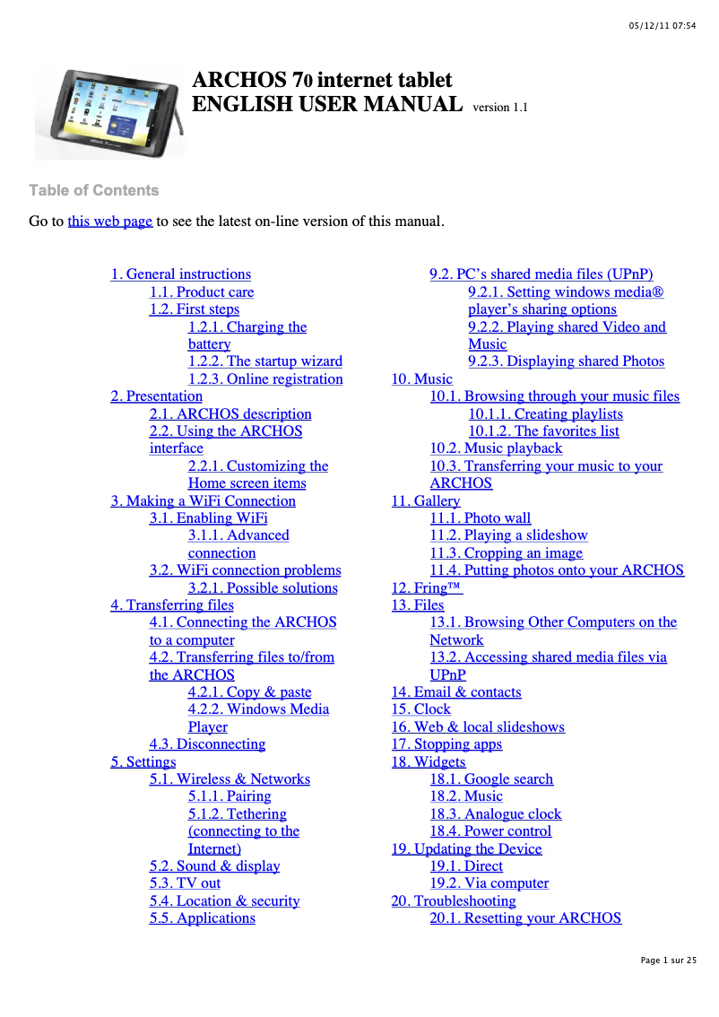 Page 1 of the manual Instruction Manual Archos Xenon 70