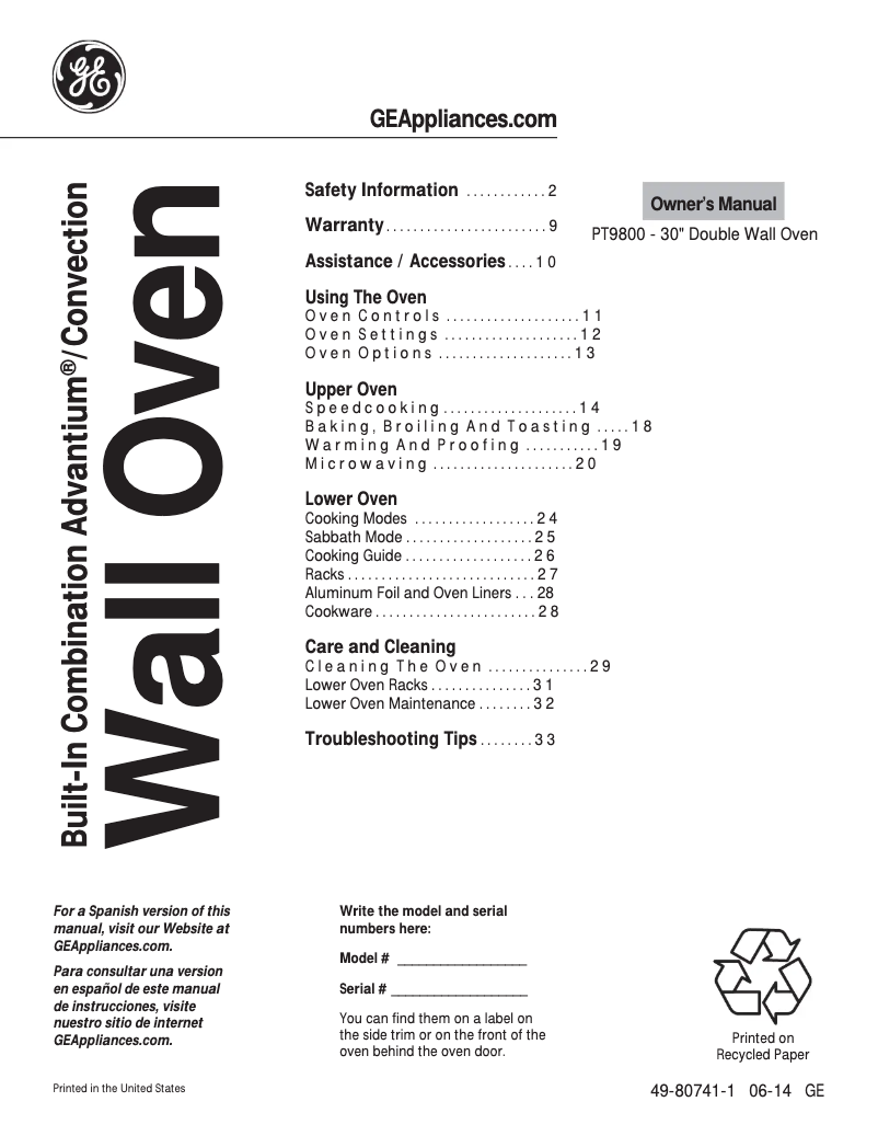 Page n°1 - Manuel utilisateur GE PT9800SHSS