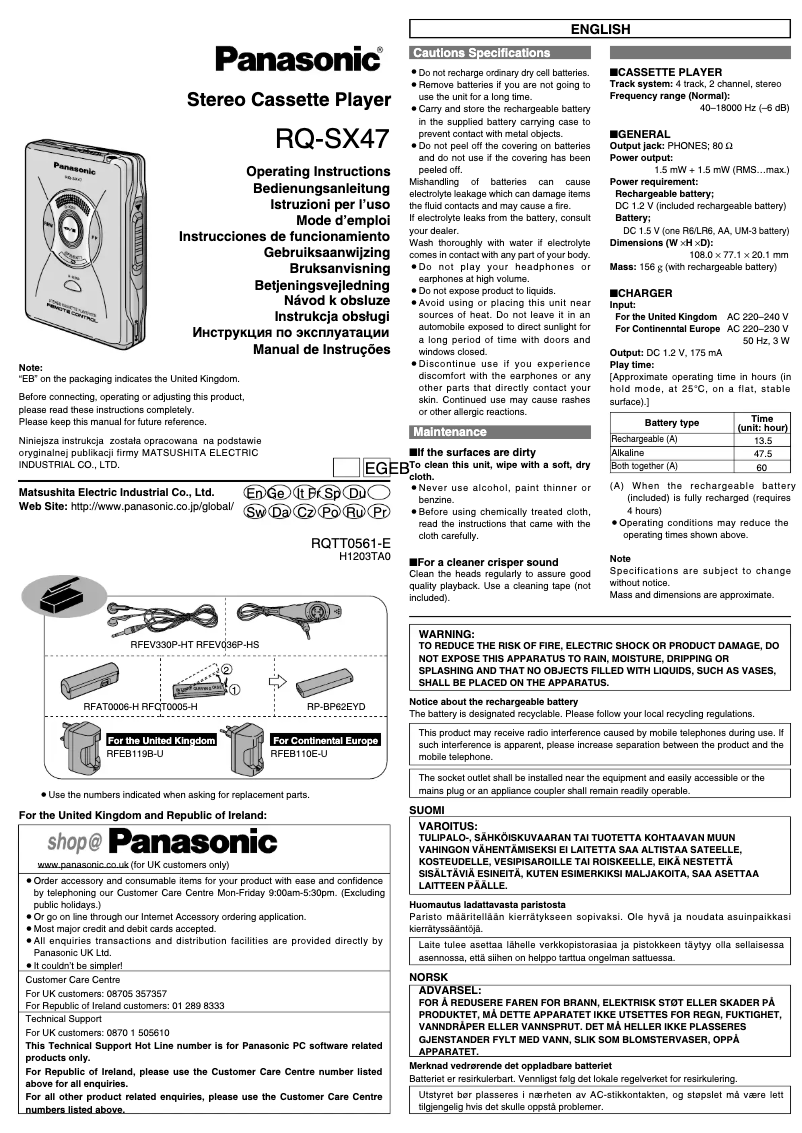 Page n°1 - Manuel utilisateur Panasonic RQ-SX47