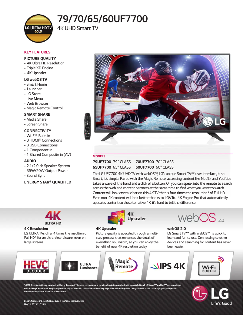 Page 1 de la notice Fiche technique LG 65UF7700