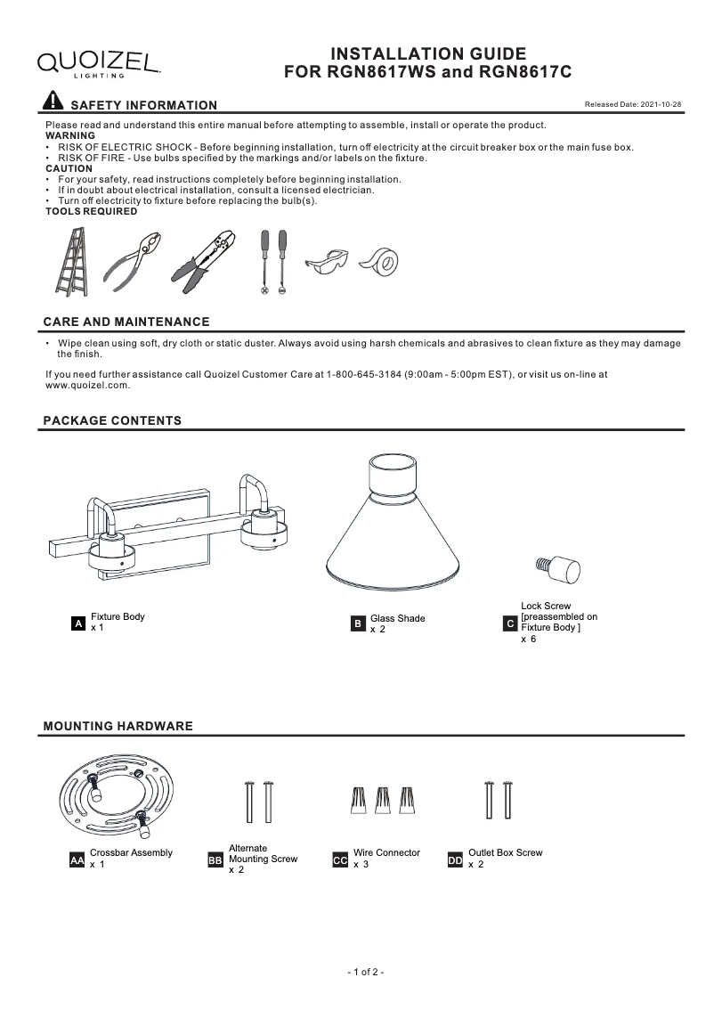 Page n°1 - Manuel utilisateur Quoizel Regency RGN8617WS