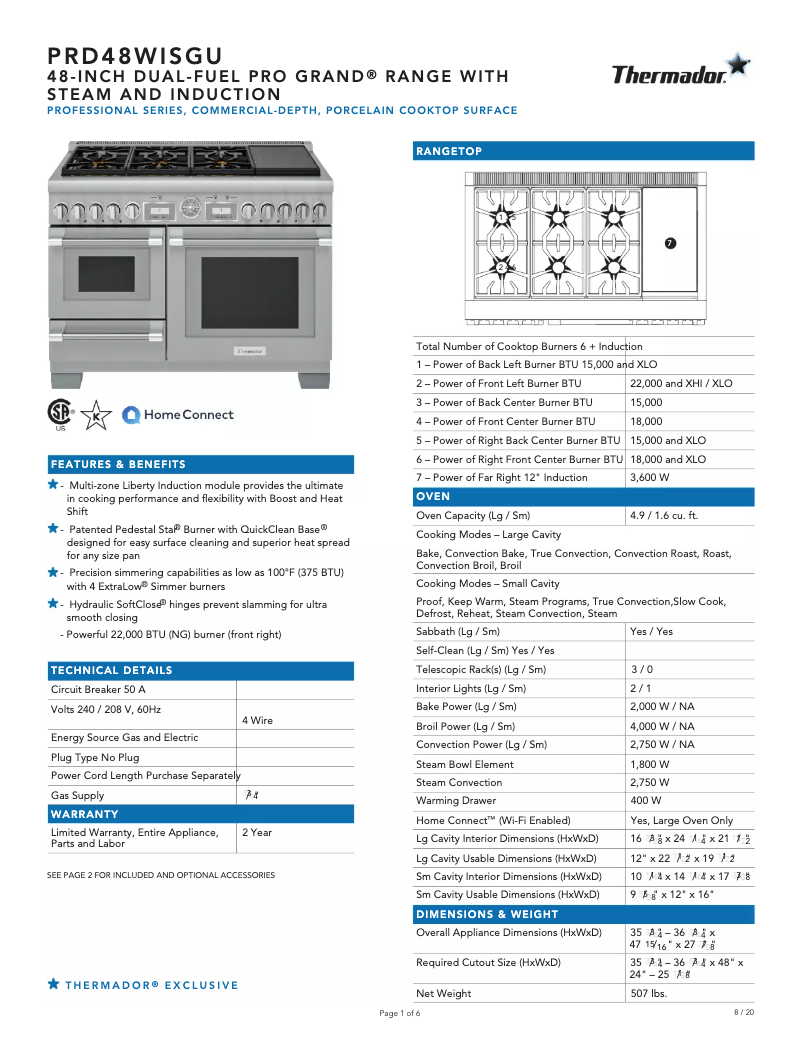Page 1 de la notice Fiche technique Thermador PRD48WISGU