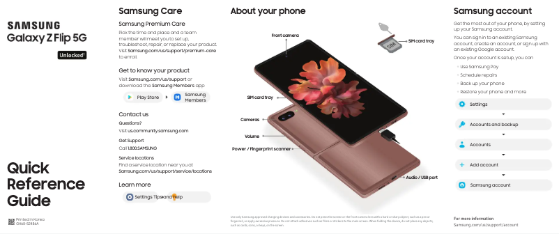 Page 1 de la notice Guide de démarrage rapide Samsung Galaxy Z Flip