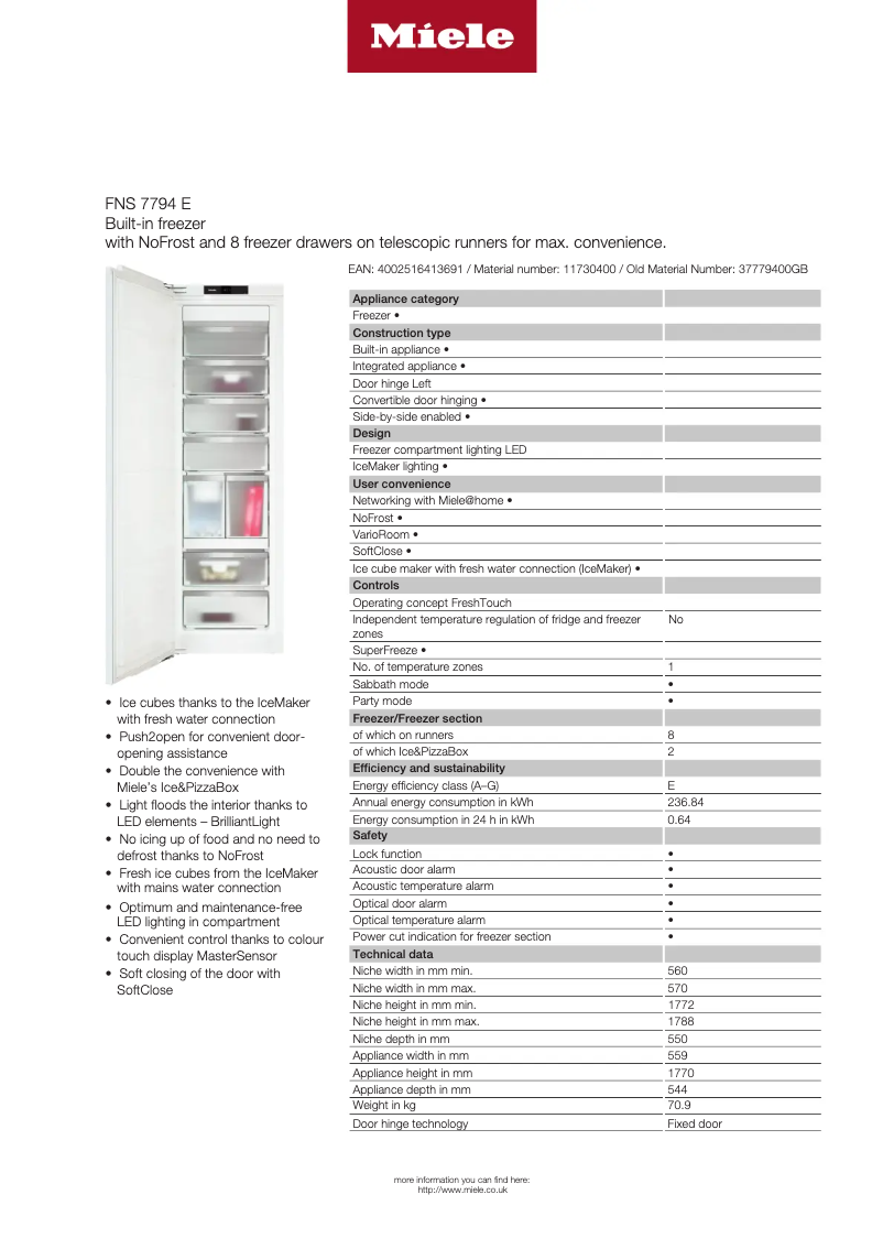Page n°1 - Fiche technique Miele FNS 7794 E