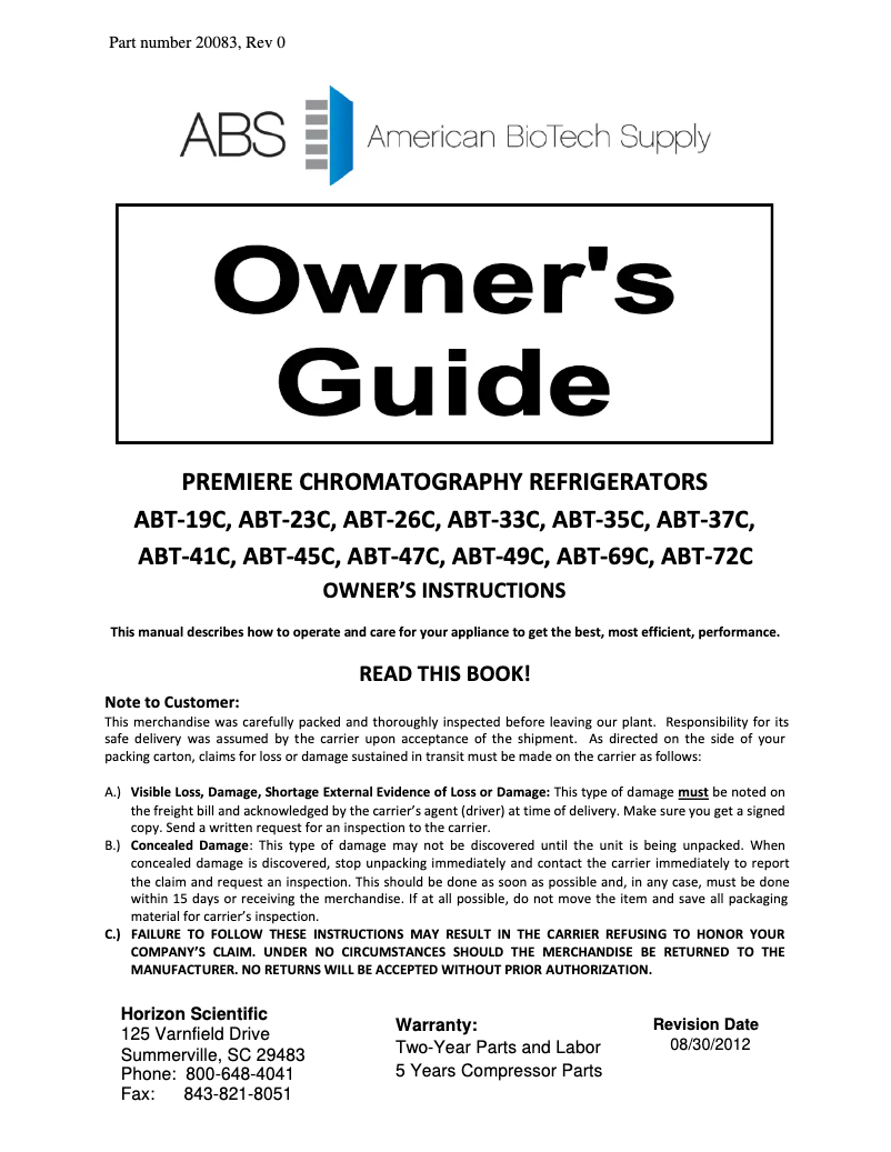 Page 1 de la notice Manuel d'utilisation et d'entretien American BioTech Supply ABT-HC-33C