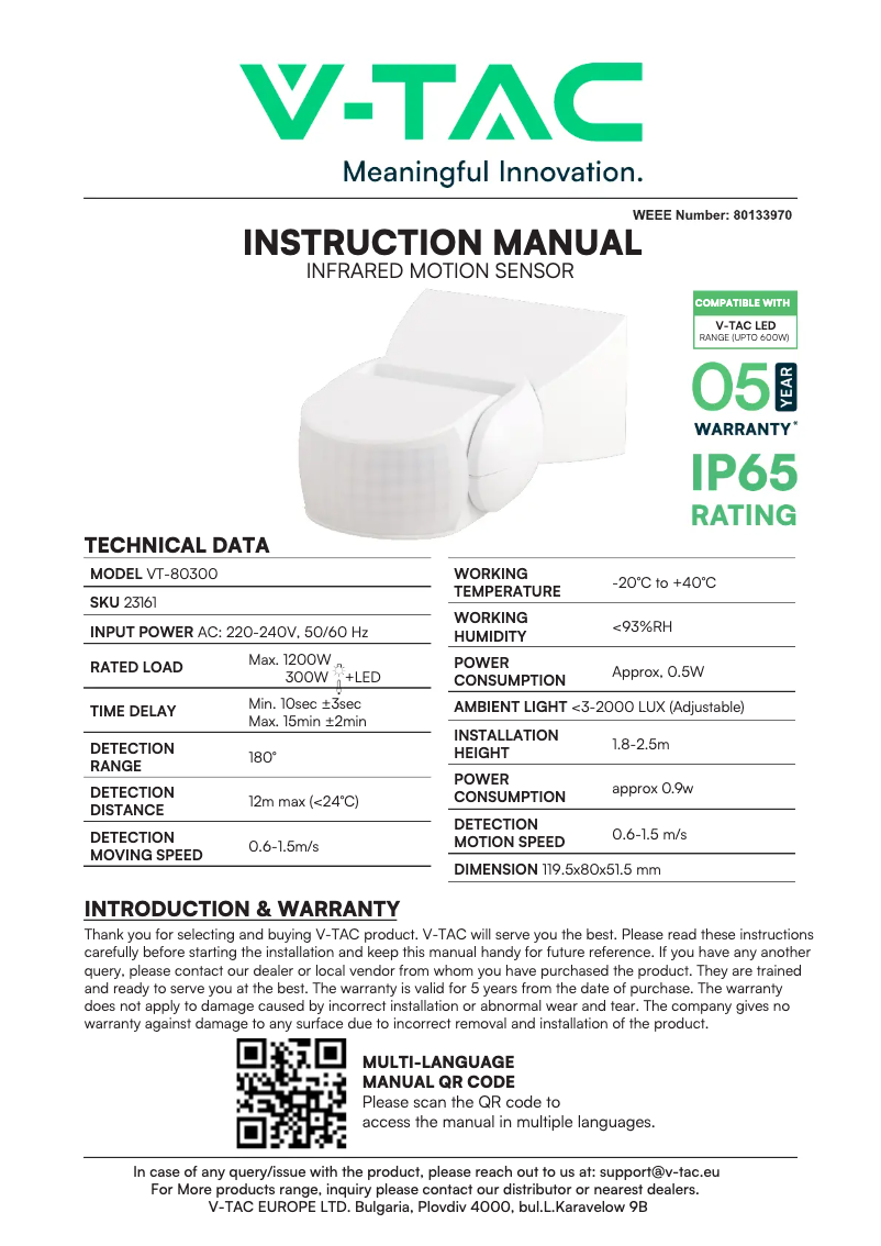 Page 1 de la notice Manuel utilisateur V-TAC VT-80300