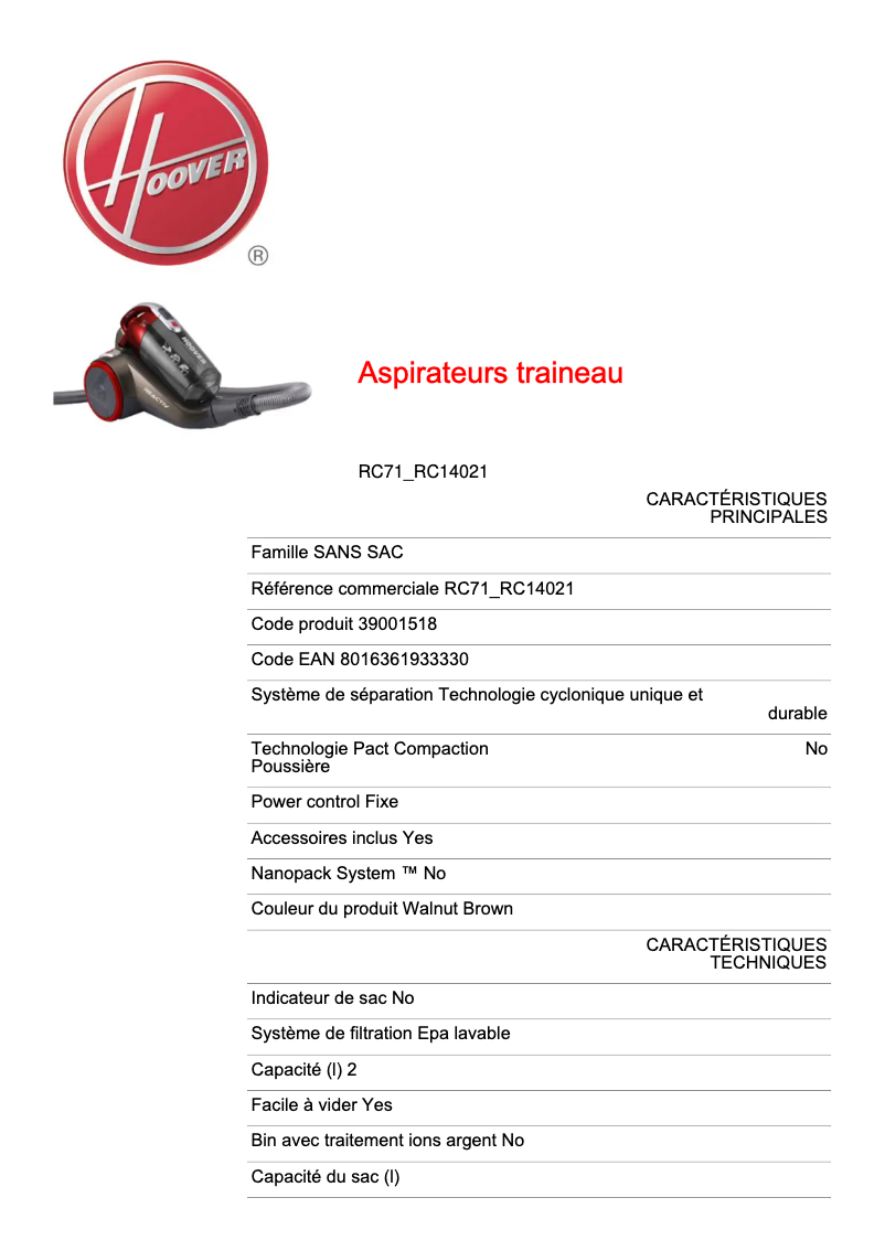 Page 1 de la notice Fiche technique Hoover Reactiv RC71_RC14021
