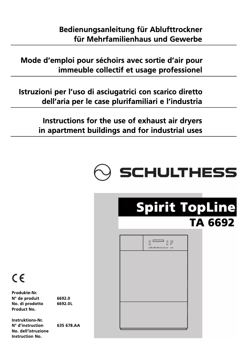 Page n°1 - Manuel utilisateur Schulthess Spirit TA 6692