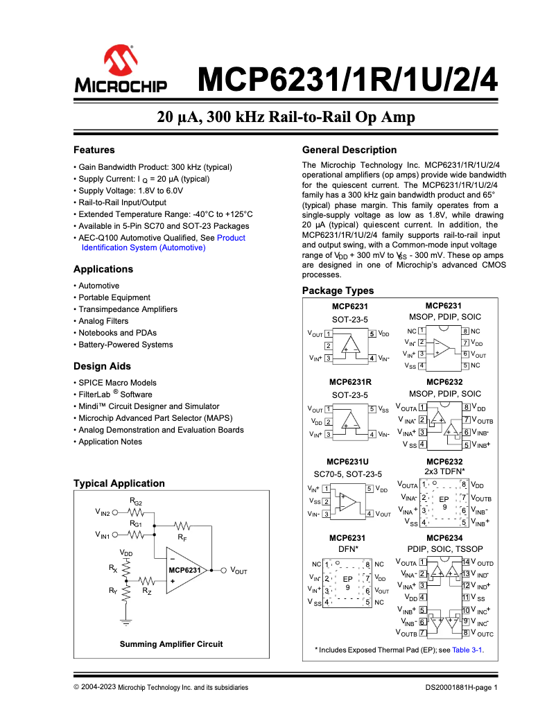 Page 1 de la notice Fiche technique Microchip MCP6232