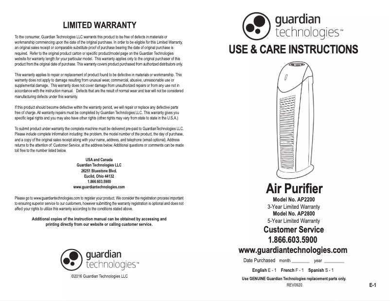 Page n°1 - Manuel utilisateur PureGuardian AP2200CA