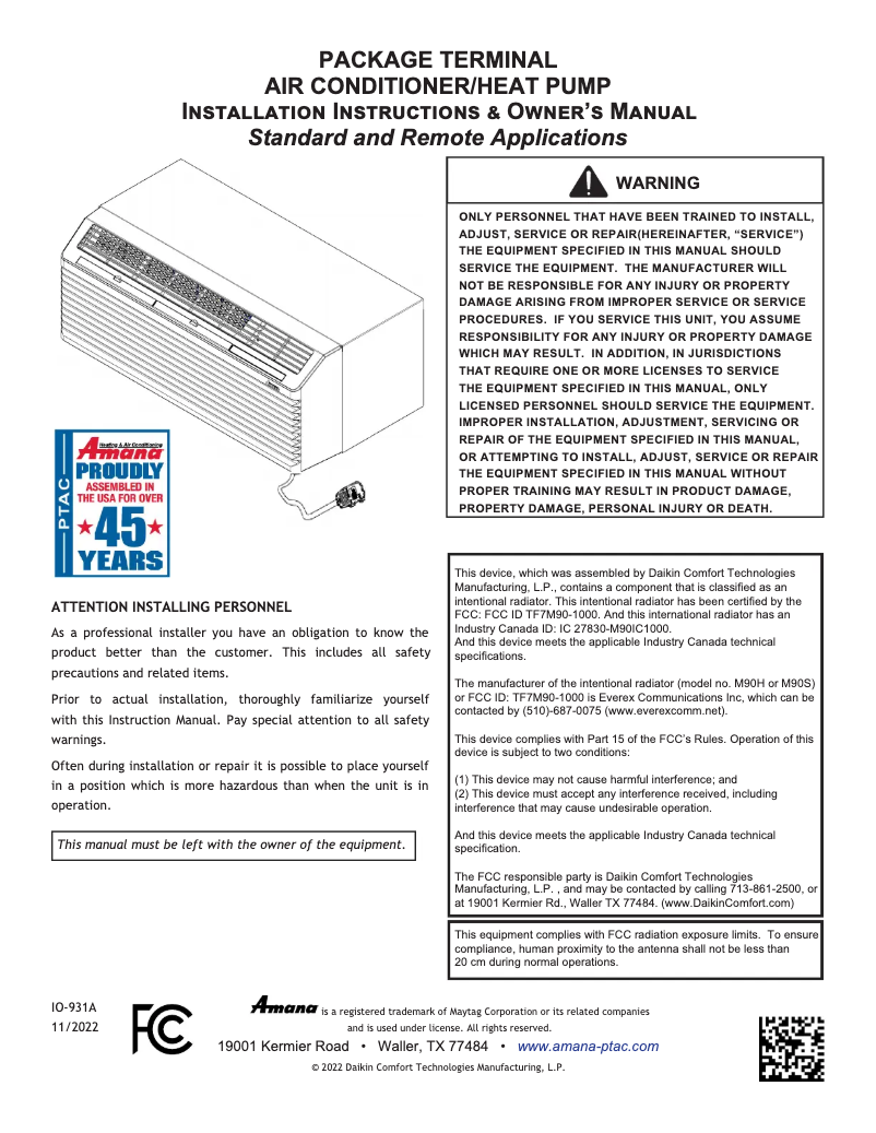 Page 1 de la notice Guide d'installation Amana PTC073K35AXXX