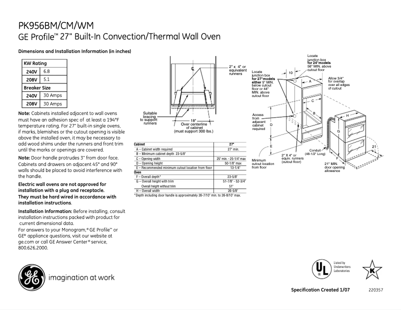 Page 1 de la notice Fiche technique GE Profile PK956CMCC