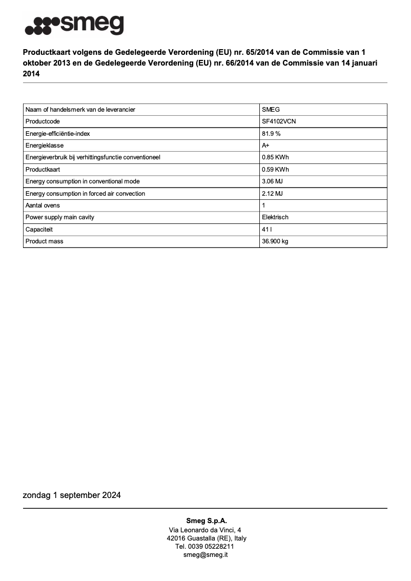 Página 1 del manual Ficha técnica Smeg SF4102VCN