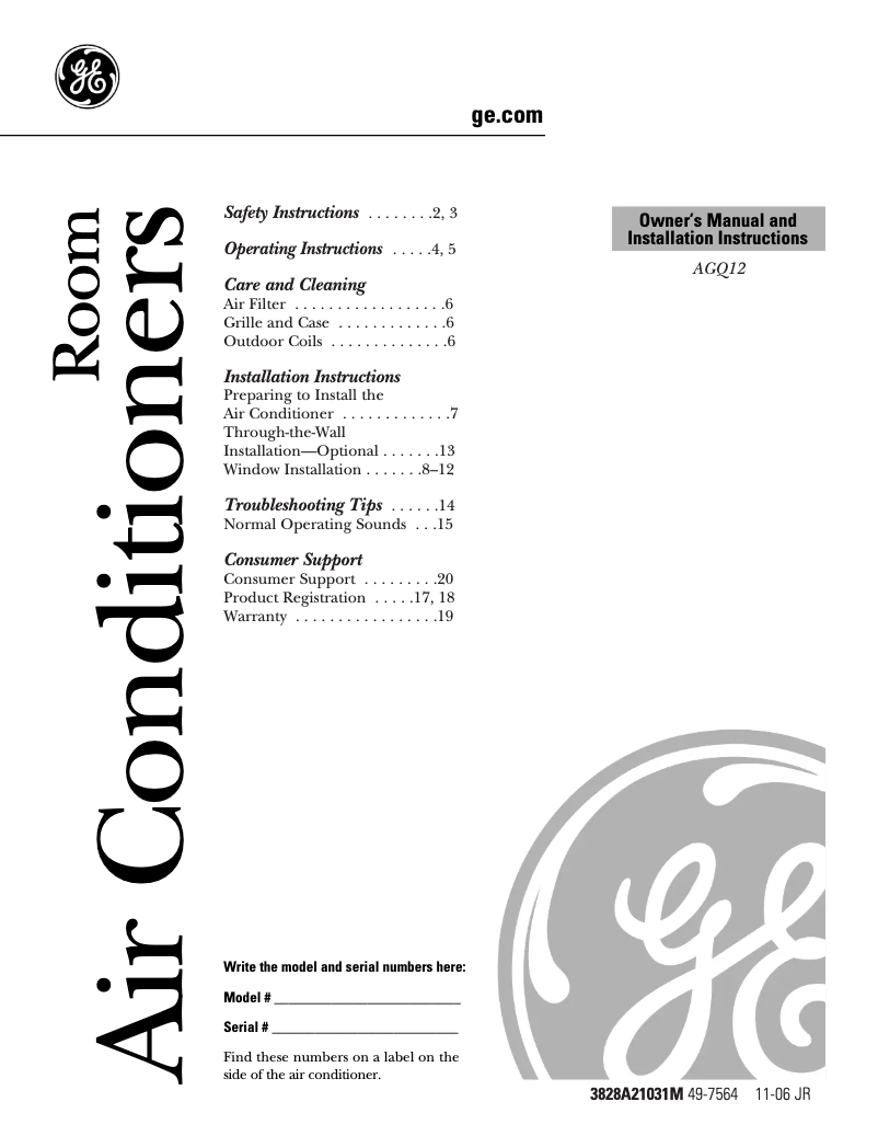 Page n°1 - Guide d'installation GE AGQ12DJ