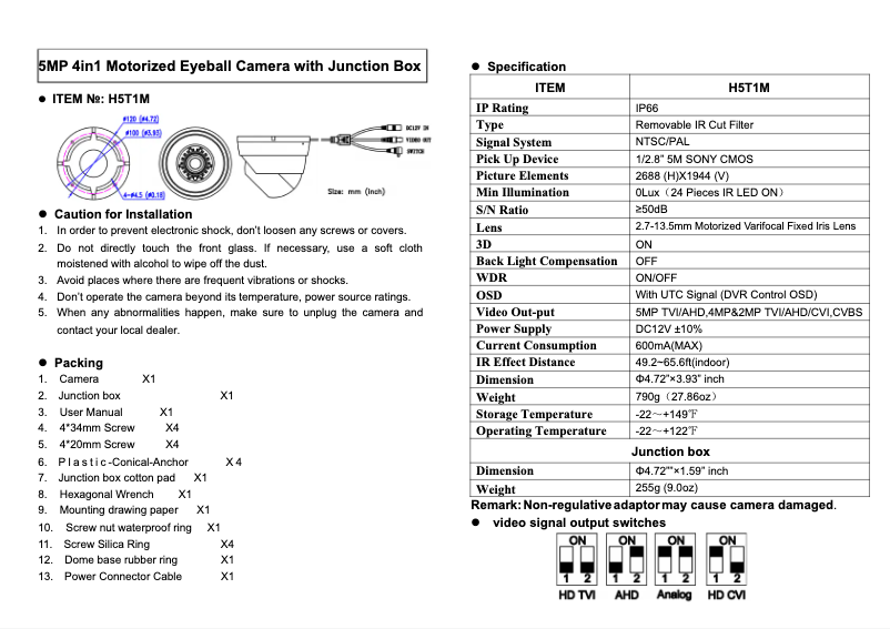 Page 1 de la notice Manuel utilisateur Speco Technologies H5T1M