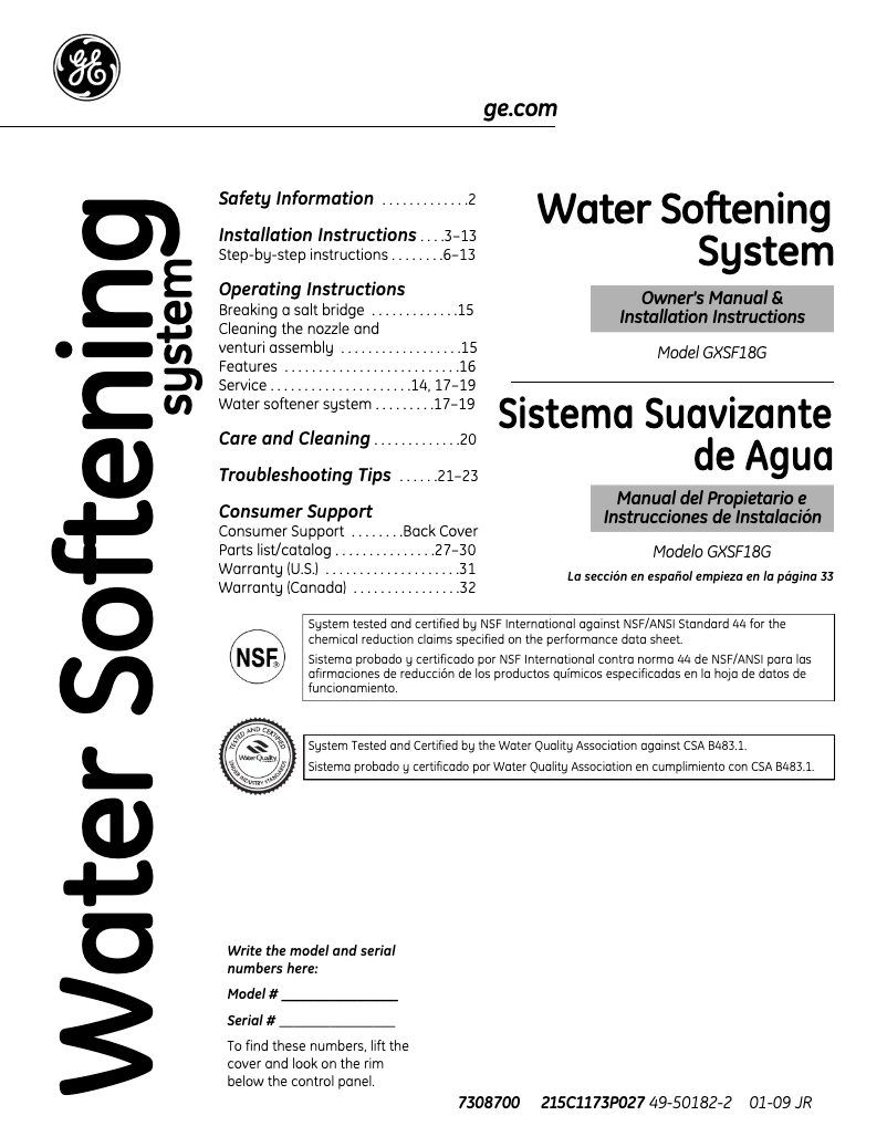 Page 1 de la notice Manuel d'utilisation et d'entretien GE GXSF18G