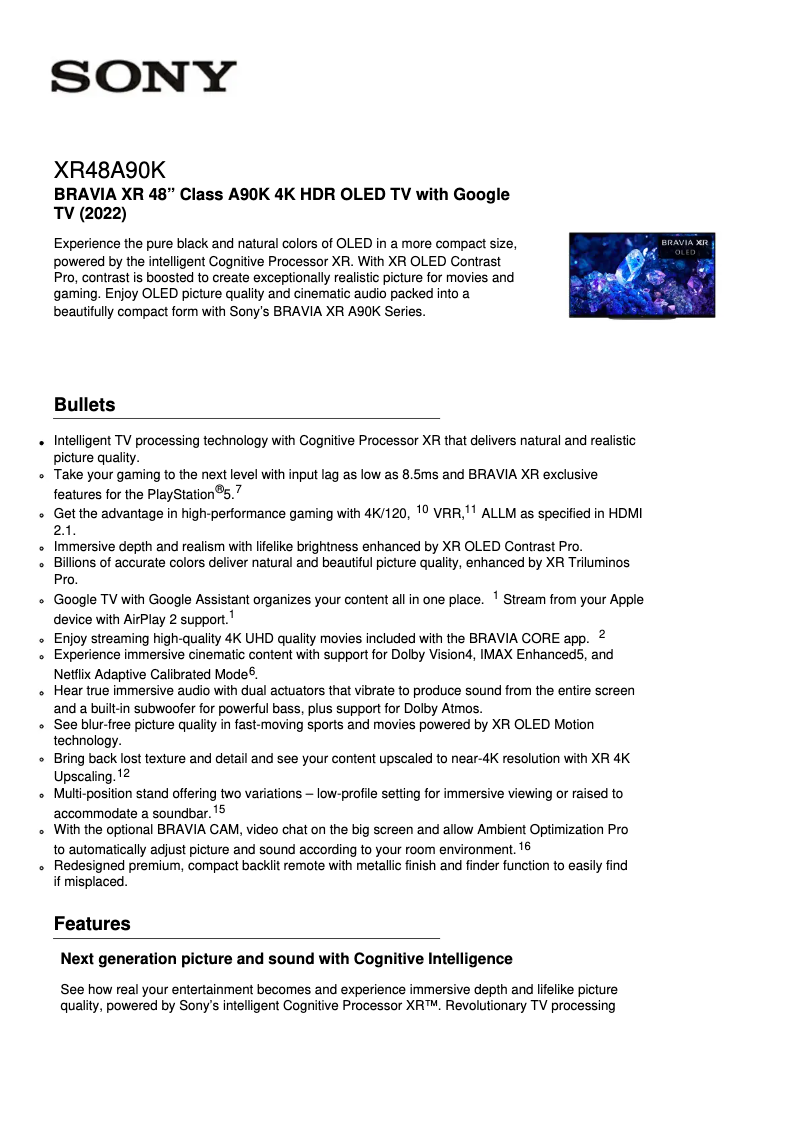 Page n°1 - Fiche technique Sony XR-48A90K