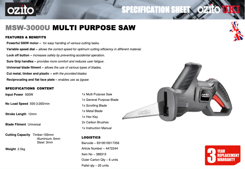 Page 1 de la notice Fiche technique Ozito MSW-3000U