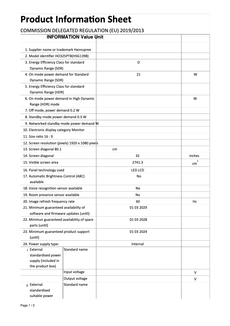 Page 1 de la notice Manuel utilisateur Hannspree HO 325 PTB