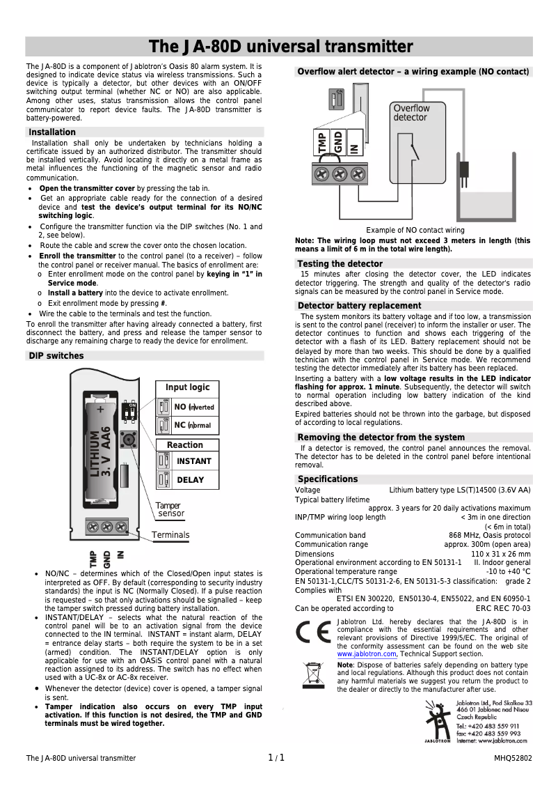 Page 1 de la notice Manuel utilisateur Joblotron JA-80D