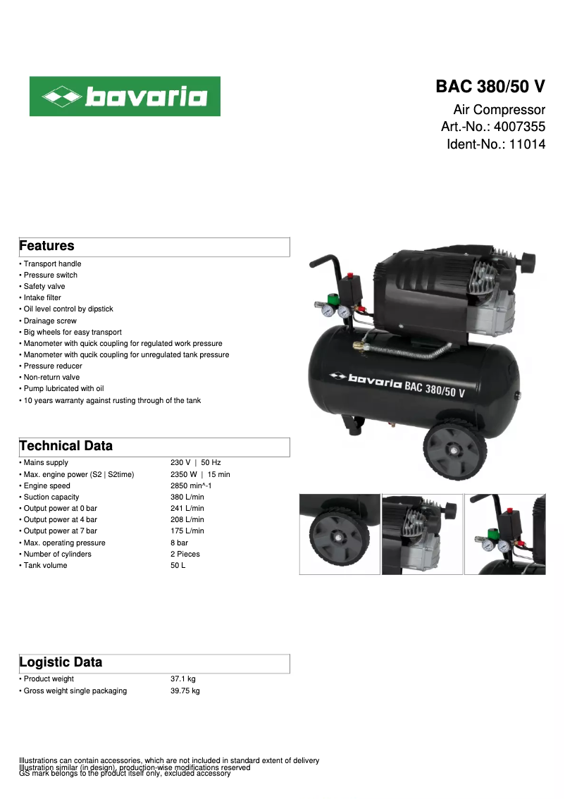Página 1 del manual Ficha técnica Bavaria BAC 380/50 V