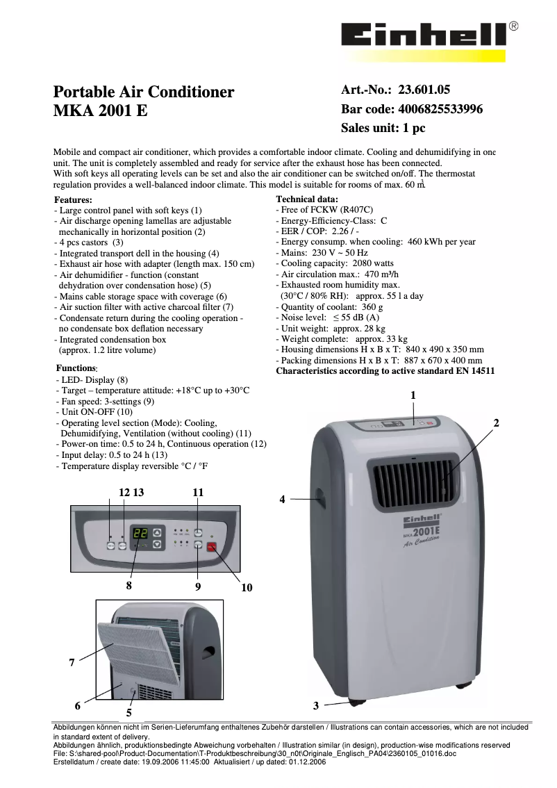 Page 1 de la notice Fiche technique Einhell MKA 2001 E