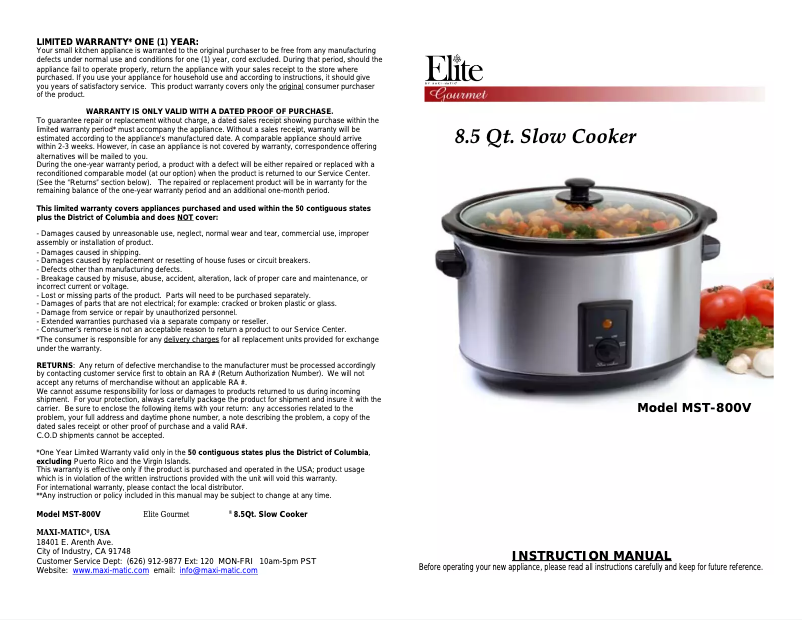 Page n°1 - Manuel utilisateur Maxi-Matic MST-800V