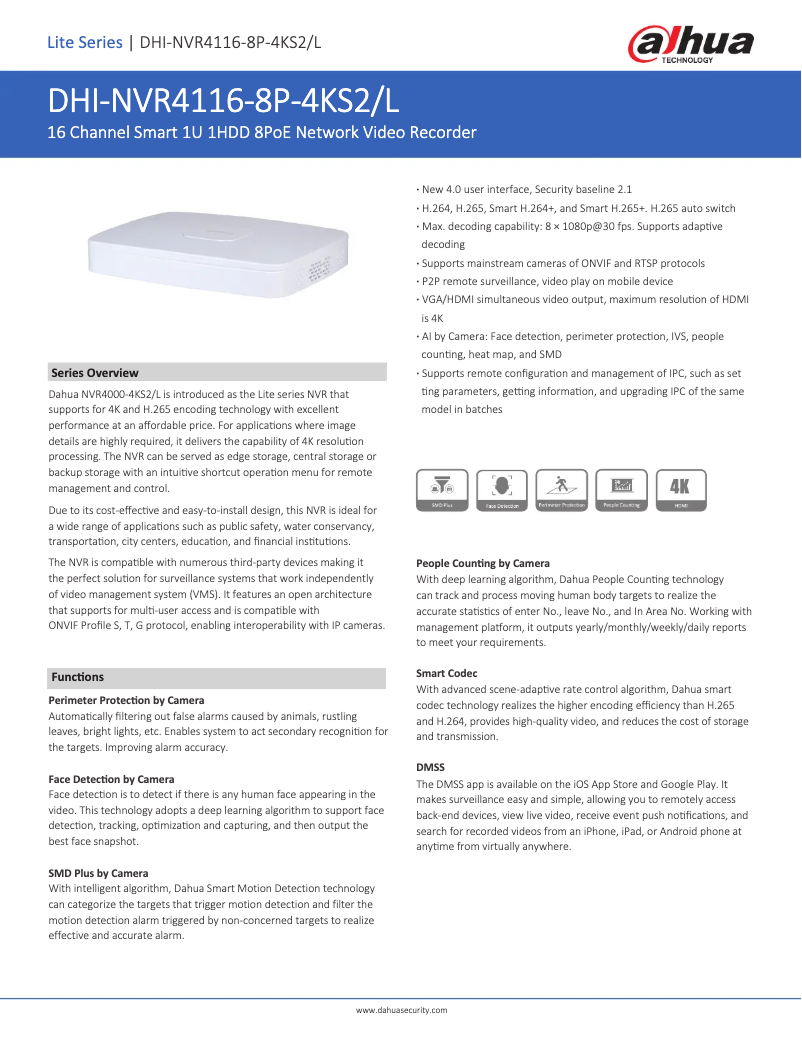 Page n°1 - Fiche technique Dahua Technology NVR4116-8P-4KS2/L