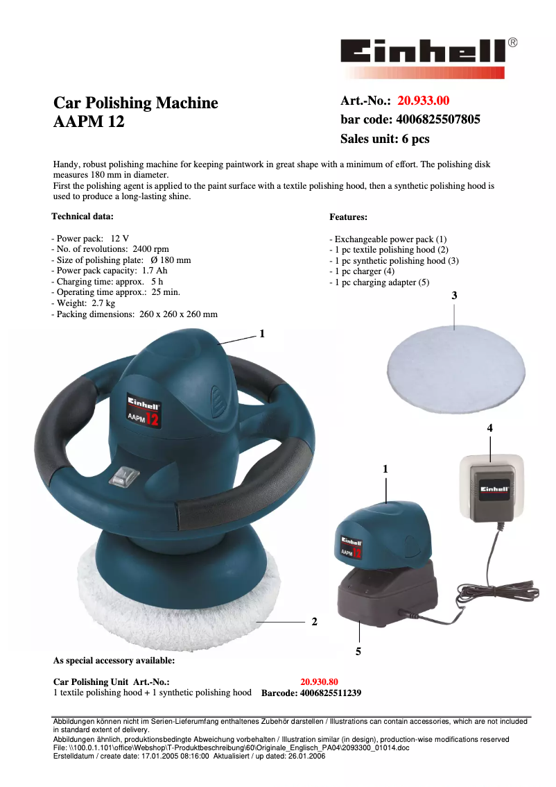 Página 1 del manual Ficha técnica Einhell AAPM 12