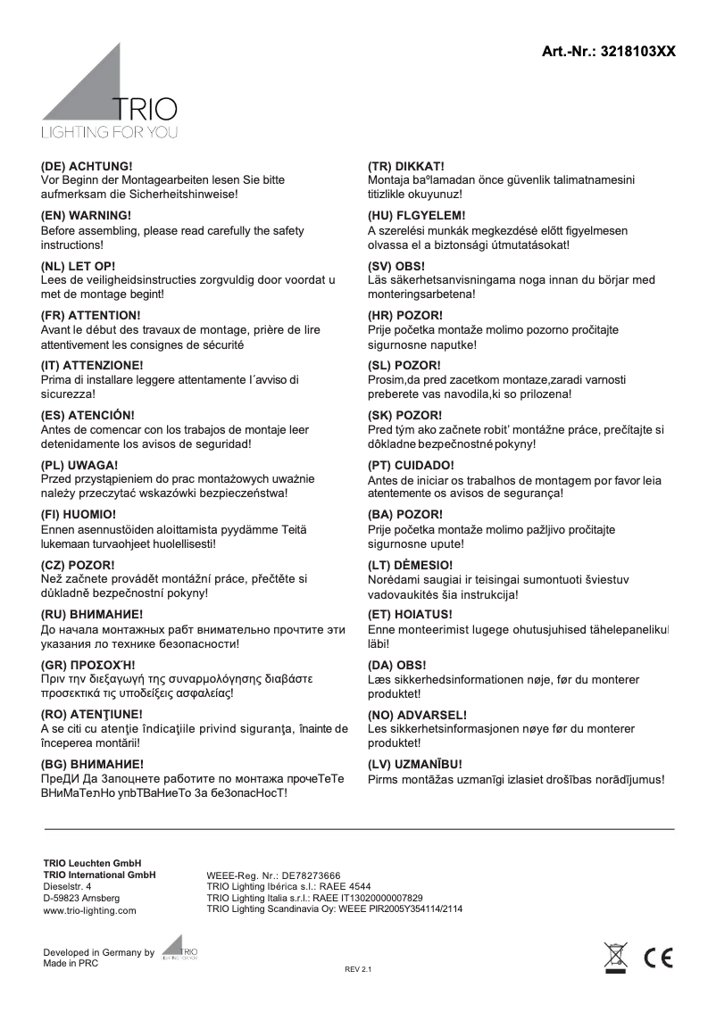 Page 1 de la notice Manuel utilisateur Trio Lighting Compton 321810307