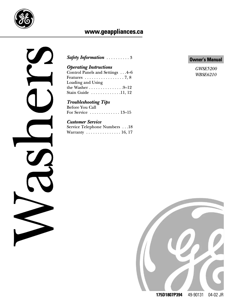 Page 1 de la notice Manuel utilisateur GE GWSE5200BWW