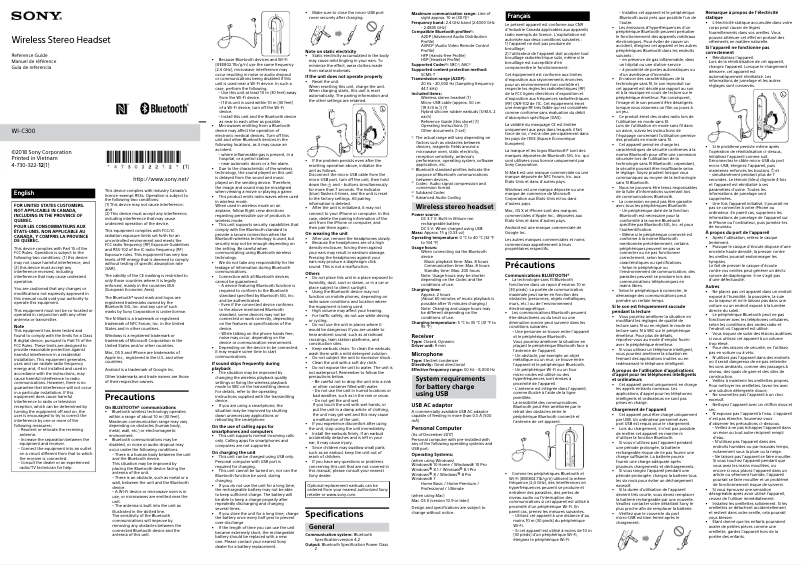 Page 1 de la notice Manuel utilisateur Sony WI-C300