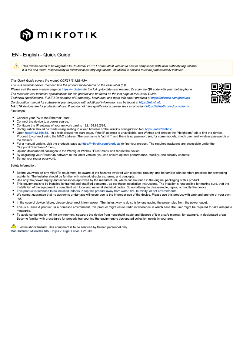 Image de la première page du manuel de l'appareil CCR2116-12G-4S+