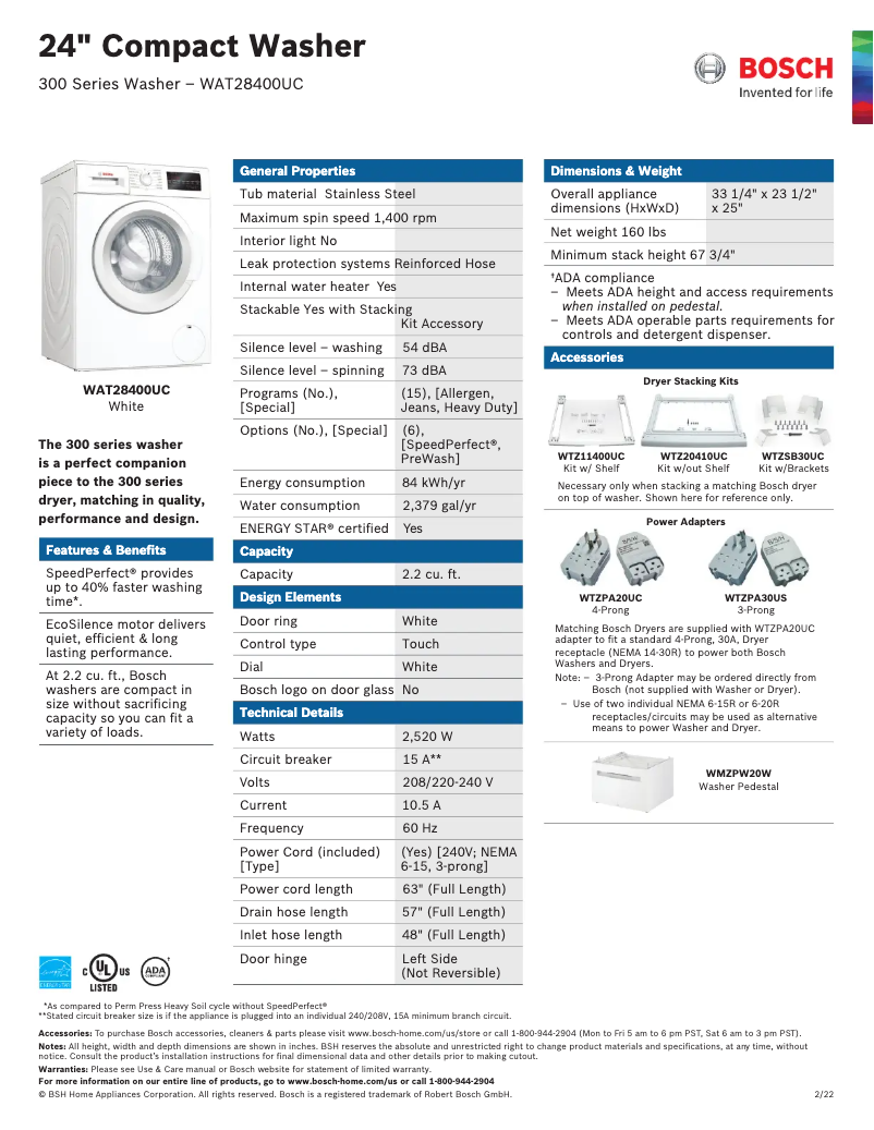 Page n°1 - Fiche technique Bosch WAT28400U