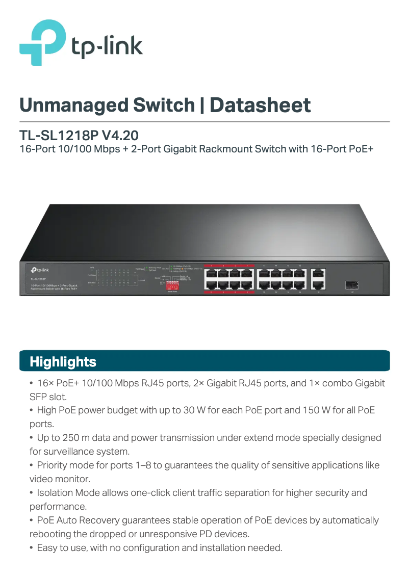 Página 1 del manual Ficha técnica TP-Link TL-SL1218P