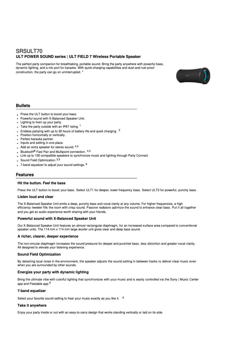 Page 1 de la notice Fiche technique Sony ULT FIELD 7