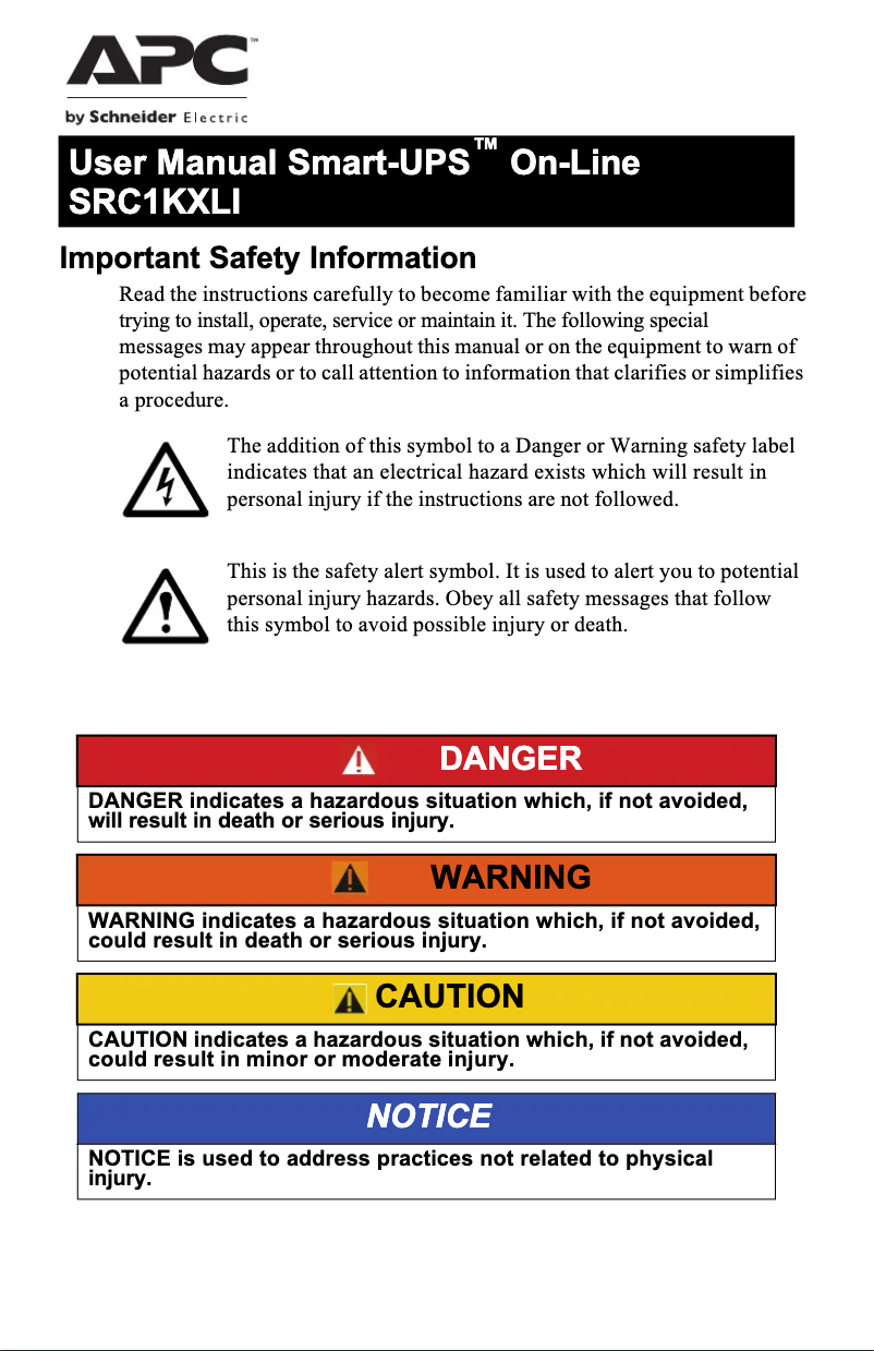 Page n°1 - Manuel utilisateur APC Smart-UPS On-Line SRC1KXLI