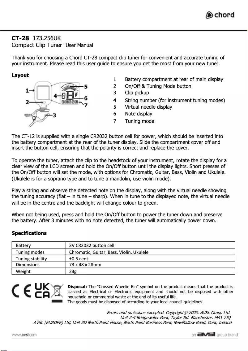 Page 1 de la notice Manuel utilisateur Chord CT-28