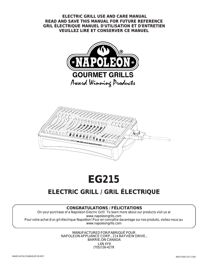 Page 1 de la notice Manuel utilisateur Napoleon EG215