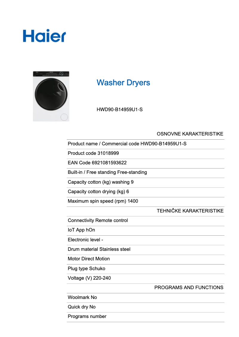 Page 1 de la notice Fiche technique Haier HWD900B14959S8U1