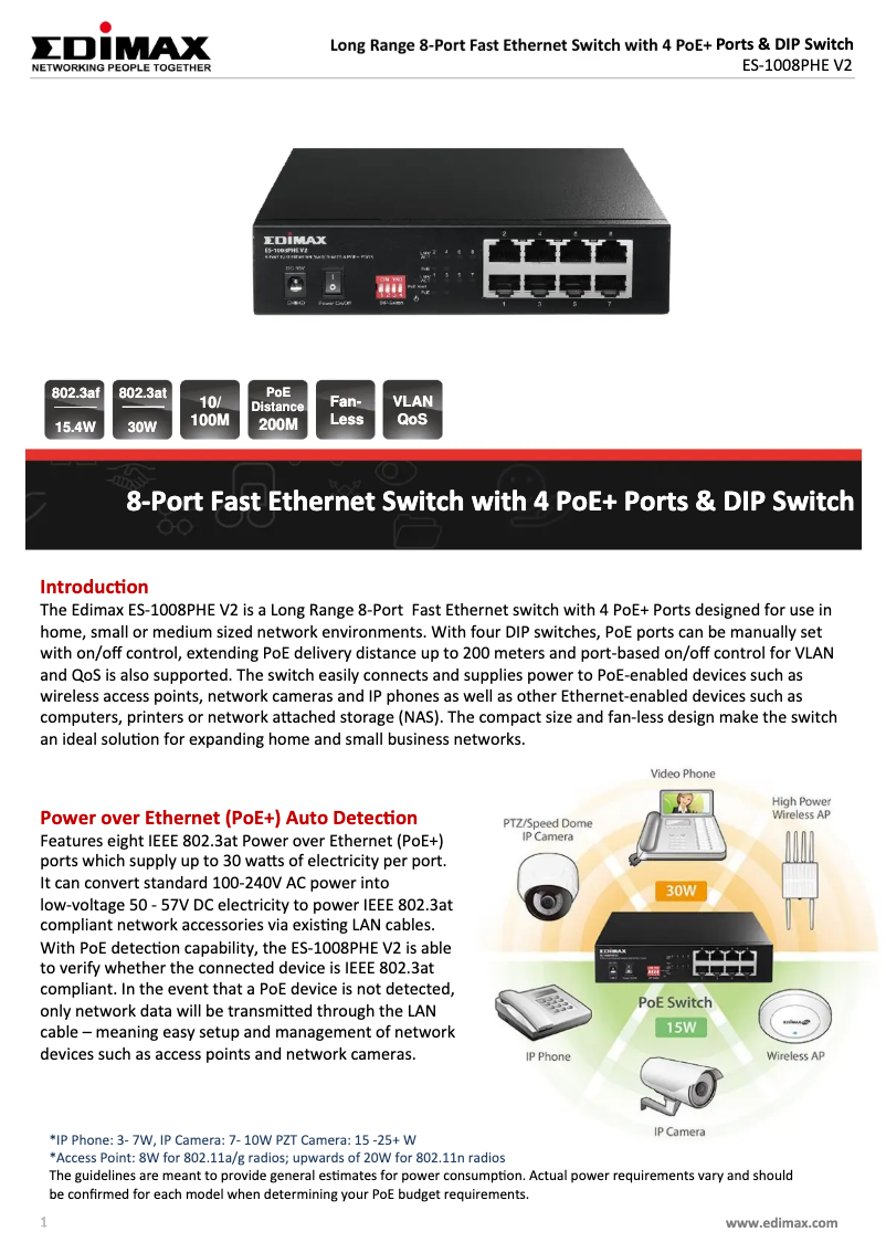 Page 1 de la notice Fiche technique Edimax ES-1008PHE V2