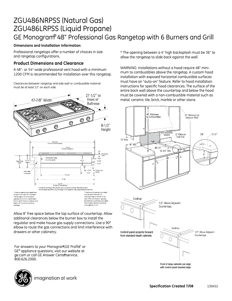 Page 1 de la notice Fiche technique GE ZGU486LRPSS