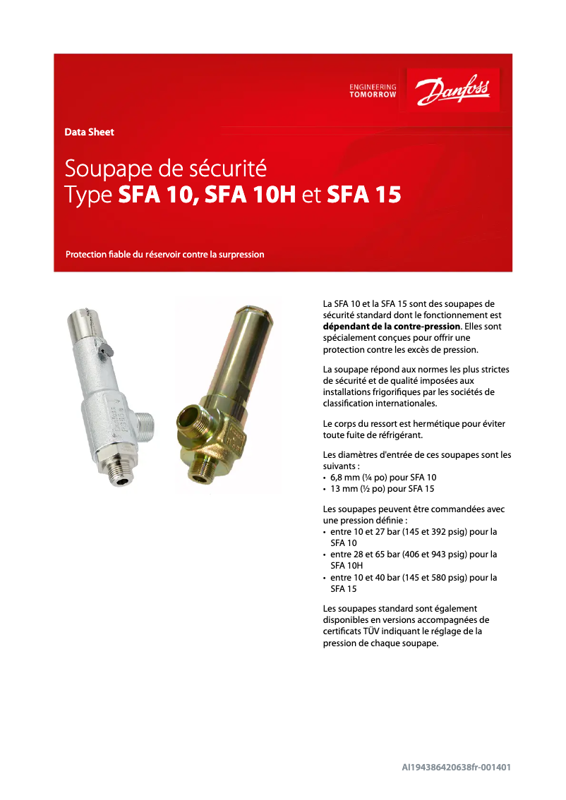 Page 1 de la notice Fiche technique Danfoss SFA 10