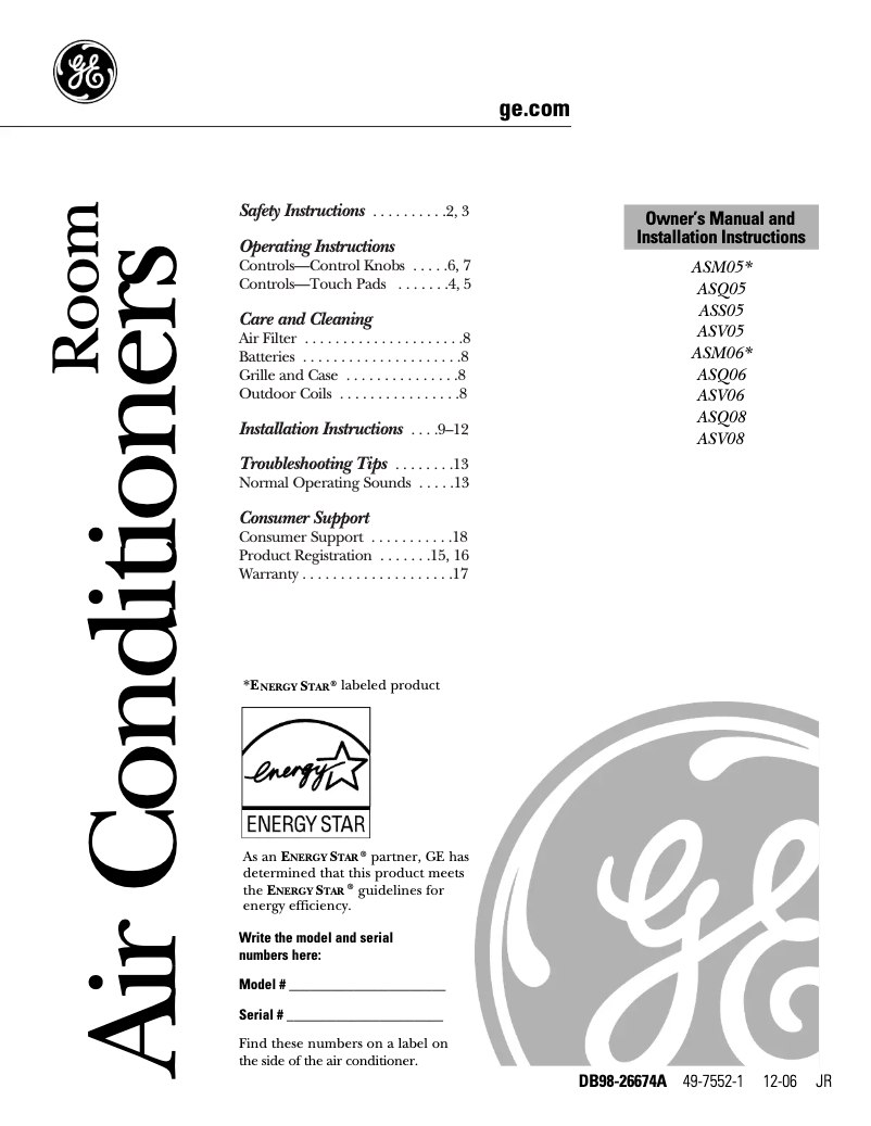 Page 1 of the manual Use and Maintenance Manual GE ASQ06LK