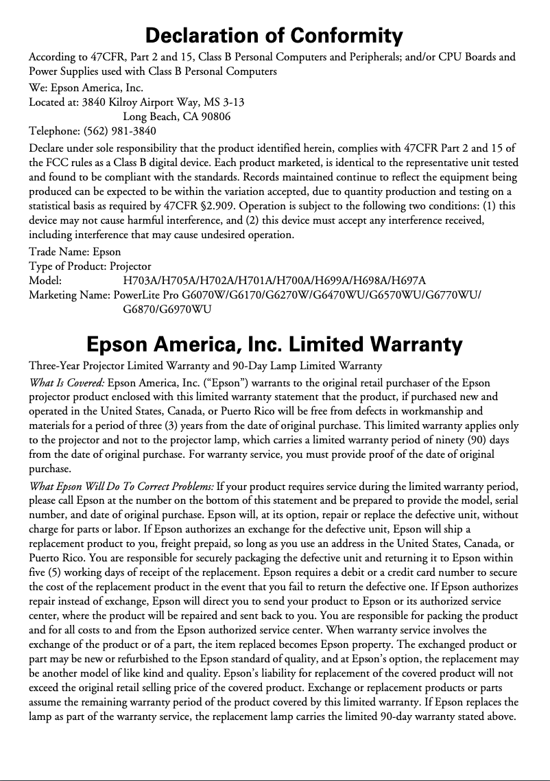 Page 1 de la notice Informations de garantie Epson PowerLite Pro G6570WU