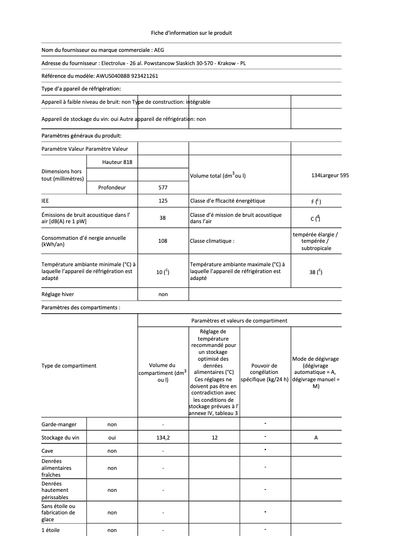 Page n°1 - Fiche technique AEG AWUS040B8B