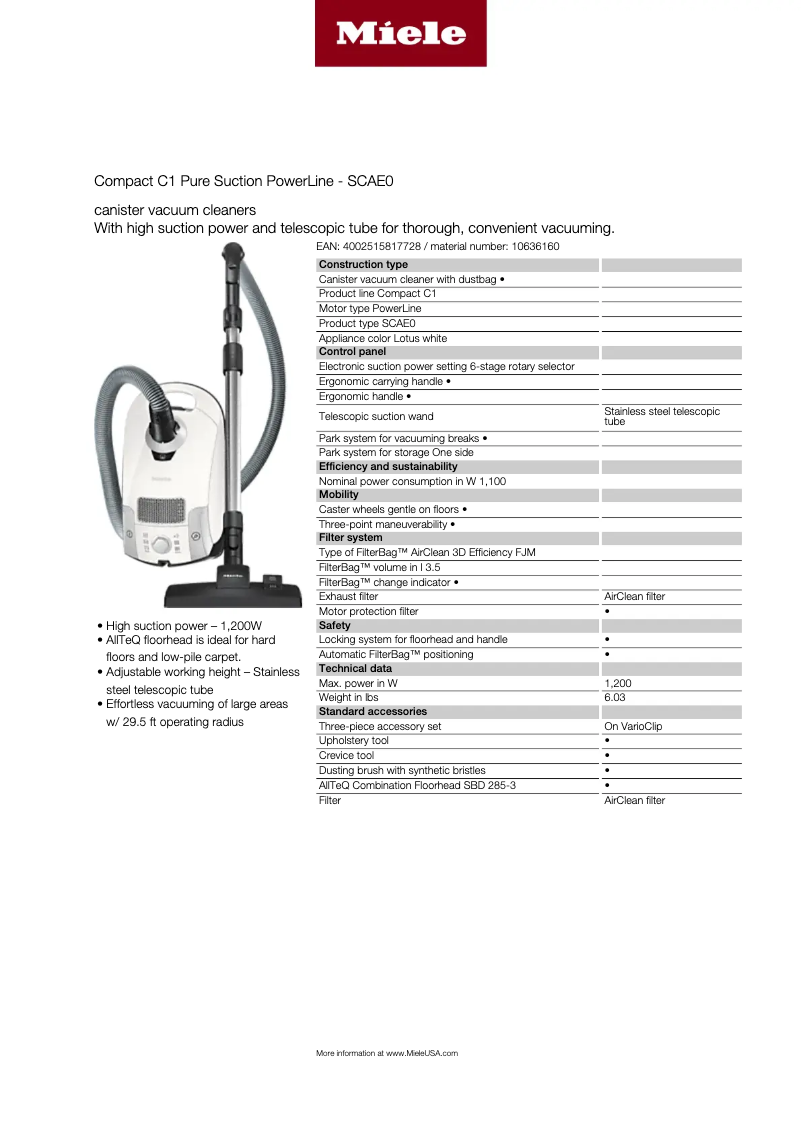 Page n°1 - Fiche technique Miele Compact C1 Pure Suction PowerLine