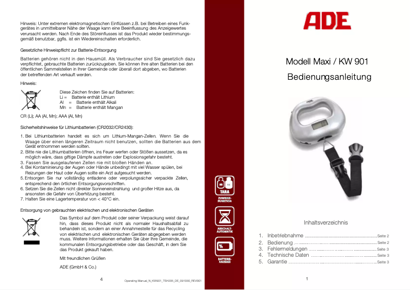 Page 1 de la notice Manuel utilisateur ADE Maxi KW 901